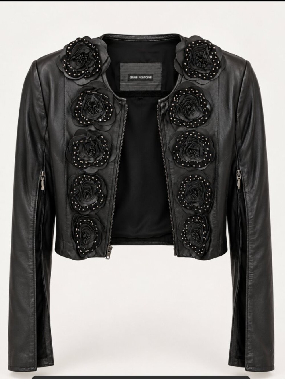 RARE CROPPED Anne Fontaine Loryna Floral Appliquรฉ Leather Jacket Cape Roses
